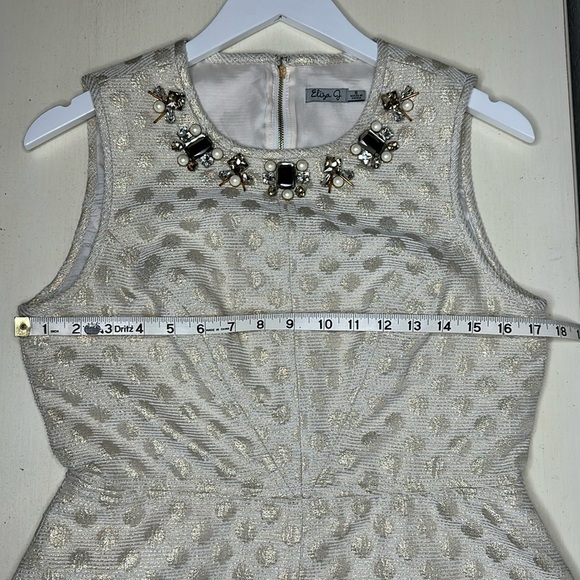 Eliza J Cream Metallic Textured Polka Dot Jeweled Neckline Cocktail Dress Size 8 - Picture 14 of 15